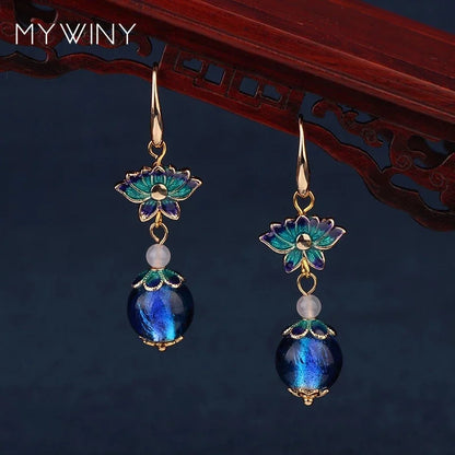 Vintage Flower Drop Earrings - Natural Stone Ethnic Jewelry for Women