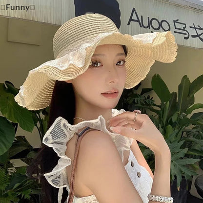 Funny Women’s Lace Straw Hat – Wide Brim Floppy Beach Sun Hat with Solid Fringe, Summer Outdoor Cap