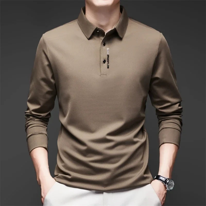 Men's Business Casual Polo Shirt - Long Sleeve Solid Color Top with Badge Detail