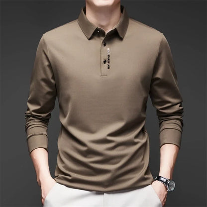Men's Business Casual Polo Shirt - Long Sleeve Solid Color Top with Badge Detail