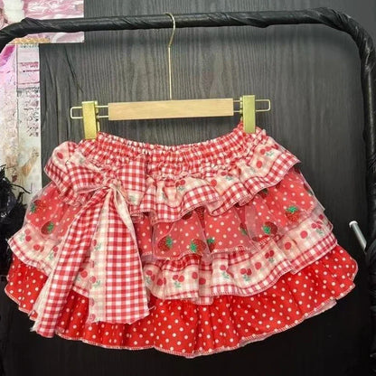 Japanese Kawaii Polka Dot Skirt - Y2K Bow Print Mini Skirt with Puffy Lolita Style