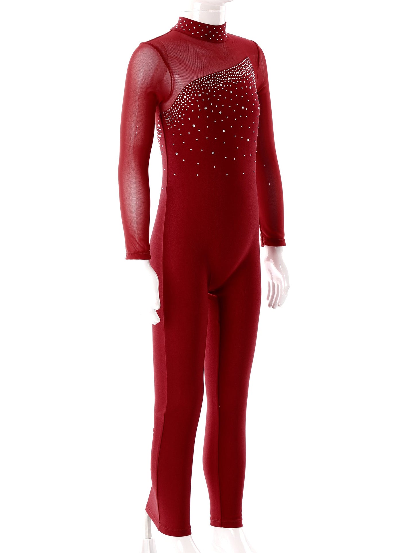 Kids Girls Long Sleeve Rhinestone Bodysuit — Full Body Dancewear Gymnastics Leotard Skating Jumpsuit