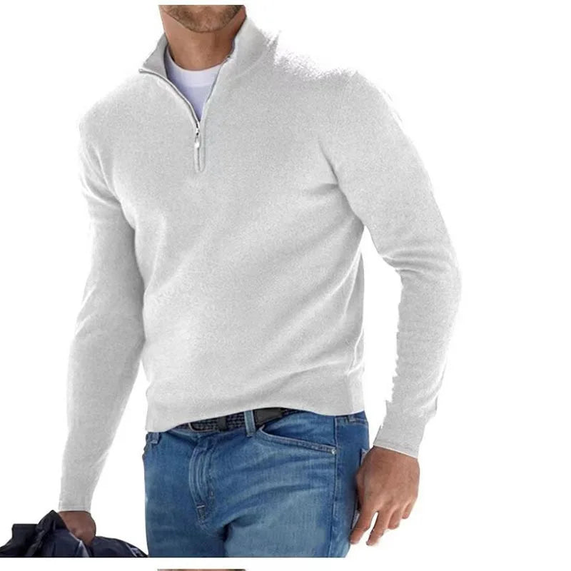 Men's Autumn Pullover Sweatshirt - Warm Solid Color Half-Zipper V-Neck Sweater, Slim Fit Long Sleeve Top
