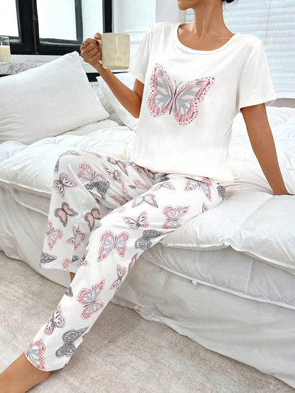 Women's Butterfly Print Pajama Set - 2-Piece Short Sleeve Top and Trousers Sleepwear