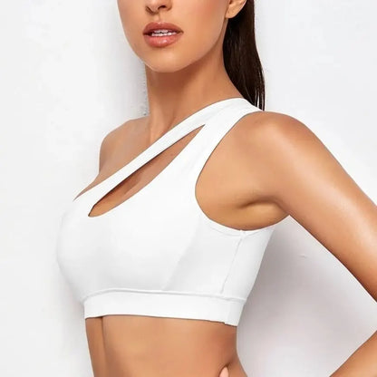 Women's One Shoulder Push-Up Sports Bra - Shockproof Fitness Bra for Yoga, Running, and Gym Workouts ( Black / White )