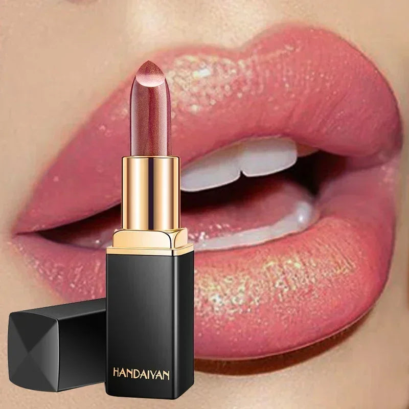 Professional Brand Lipstick – Waterproof, Long-Lasting Nude Pink & Mermaid Shimmer, Luxury Makeup Cosmetic
