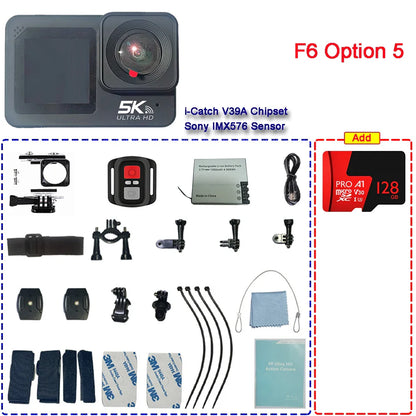 F6W Action Camera — 5K/4K60FPS, 48MP, 2.2" Touch LCD, EIS, Dual Screen, Wi-Fi, 170° Waterproof 30M, 8X Zoom Sports Camera with Wireless Mic