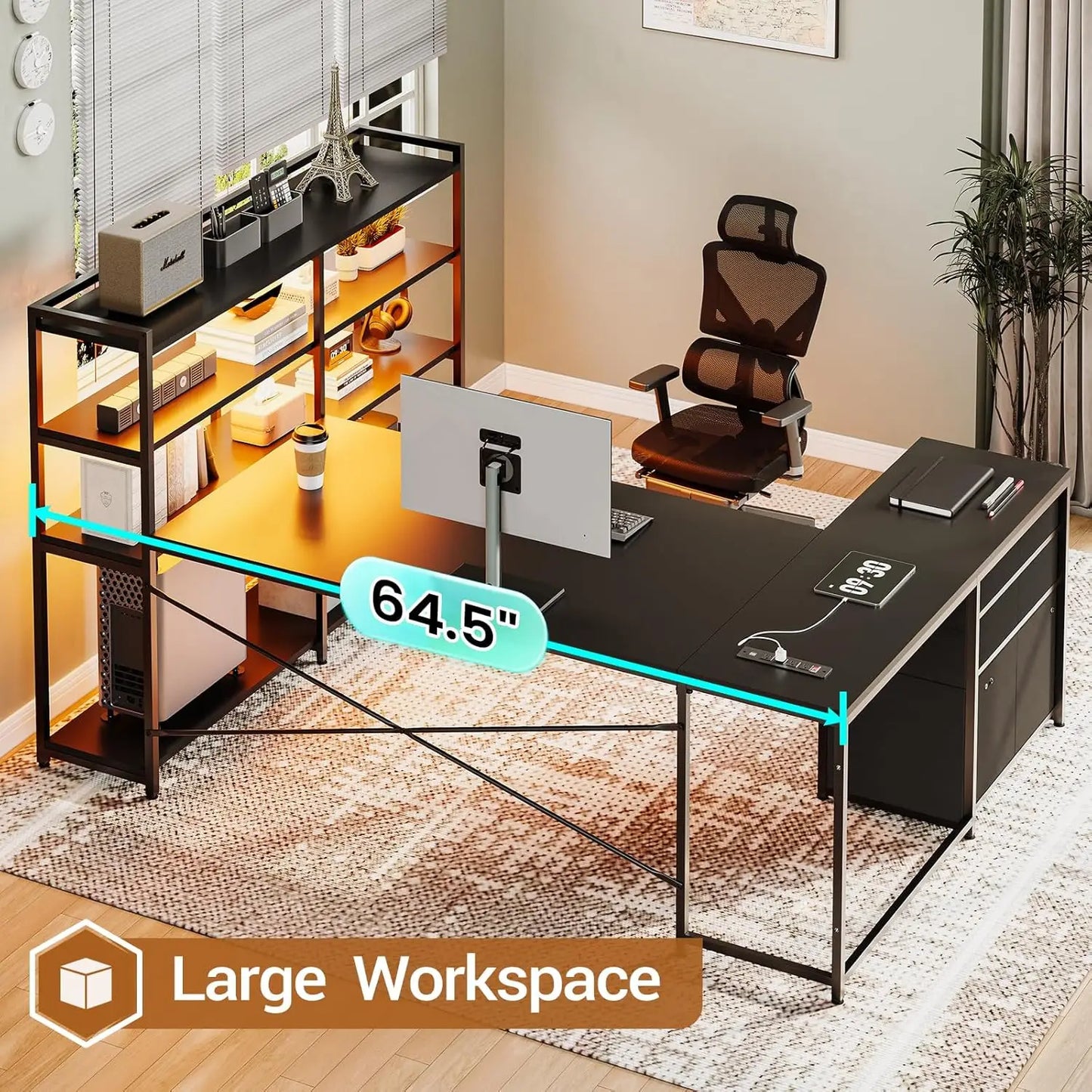 L-Shaped Gaming Desk – Reversible U Shaped Computer Desk with Power Outlet, Storage Shelves & LED Lighting