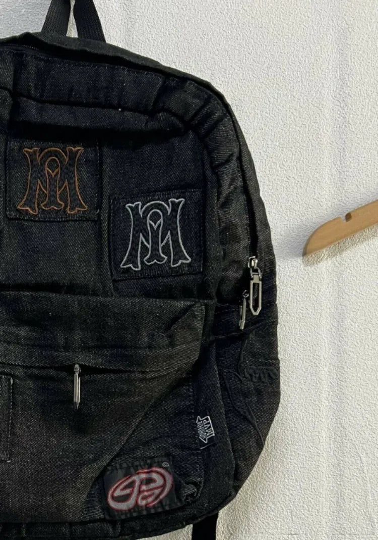 Y2K Aesthetic Embroidered Letter Backpack – Vintage Gothic Patchwork Schoolbag for Students, Casual Luxury Design