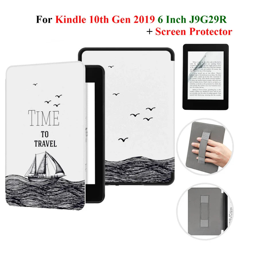 Kindle 10th Gen 6" Leather Case – Hand Strap & Screen Protector Cover with Wake/Sleep Function (2019, J9G29R)