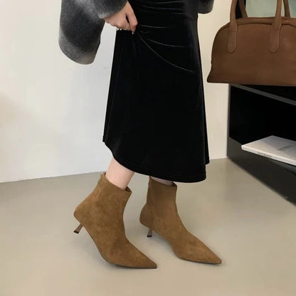 SUOJIALUN 2024 Winter New Women’s Short Boots – Fashion Pointed Toe, Elegant Ankle Boots with Thin High Heel Dress Pumps