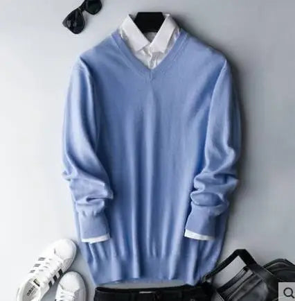 Men’s Classic V-Neck Pullover Sweater – 2024 Autumn Winter Cashmere-Cotton Blend Warm Jumper