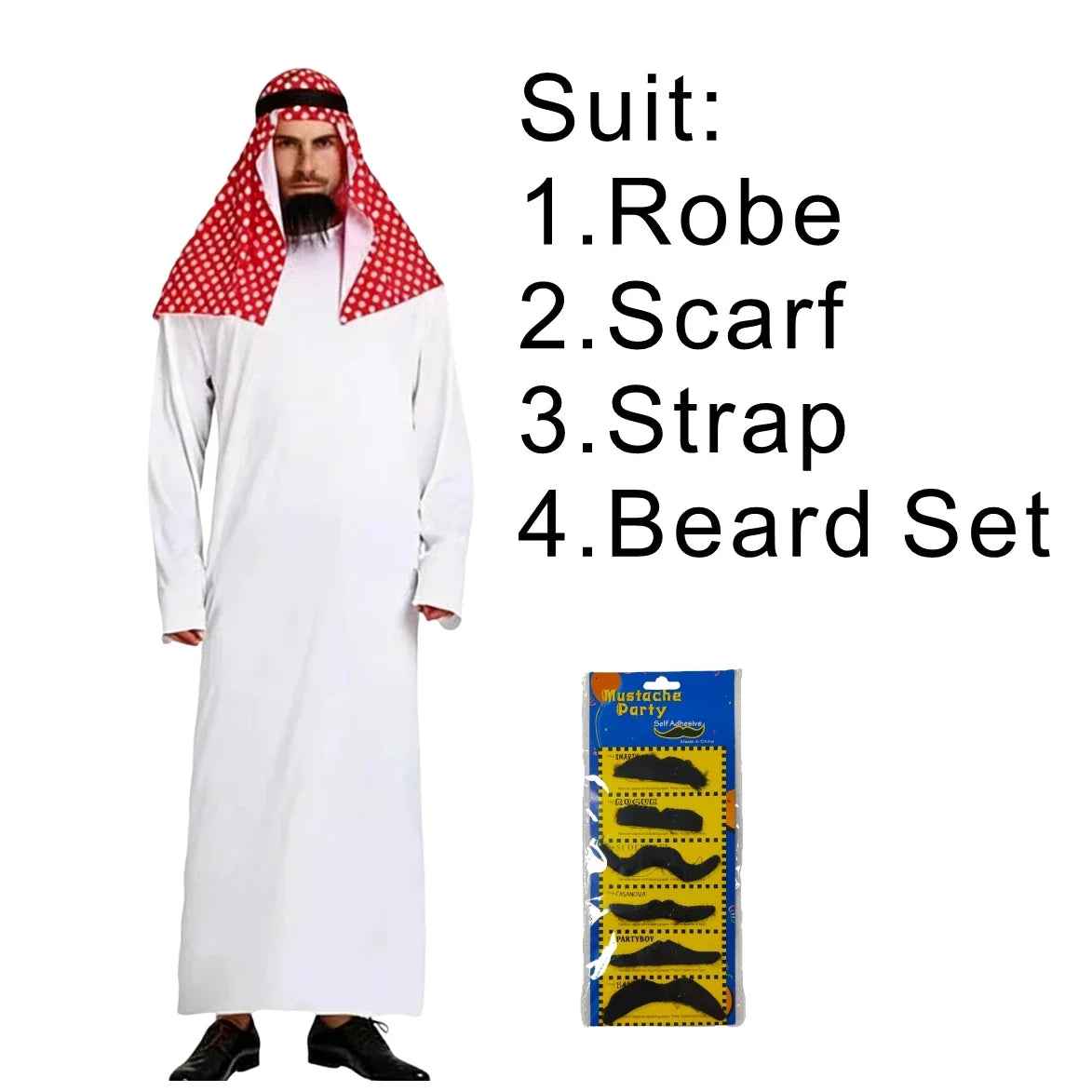 Middle Eastern Men’s Traditional Robe Costume Set - Arab Thobe with Ghutra, Igal & Fake Beard for Cosplay Parties