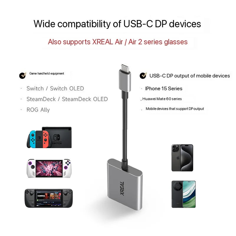 XREAL Hub 120Hz 2-in-1 USB-C PD Fast Charging Video Adapter – Portable HDMI-Compatible Converter for XREAL Air 2, Switch, PS4 & PS5