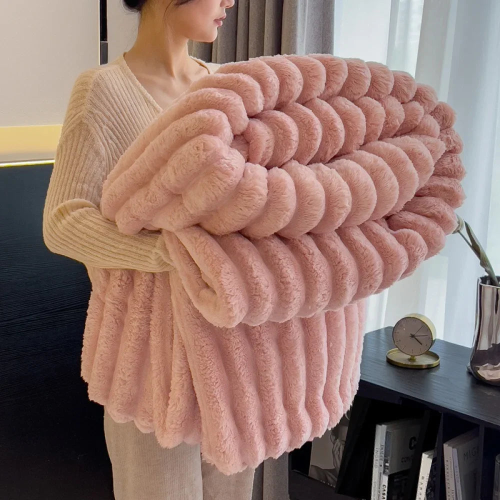 Soft & Warm 250GSM Throw Blanket – Fluffy Decorative Striped Blanket for Bed, Winter Nap & Sleep