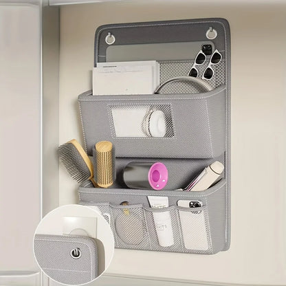 Gray Wall-Mounted Storage Organizer – Multi-Compartment Fabric Hanging Bag with Window & Hooks for Office or Closet