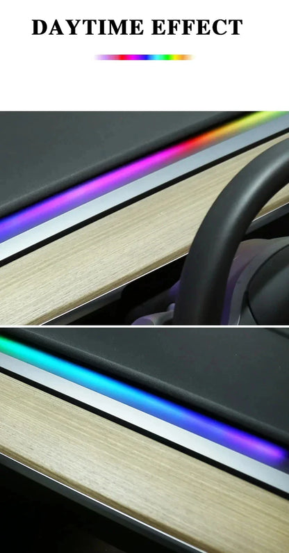 2-in-1 Dynamic Neon RGB Car LED Ambient Lighting – Auto OFF 60s Module for Tesla Model 3 & Y Dashboard Decoration