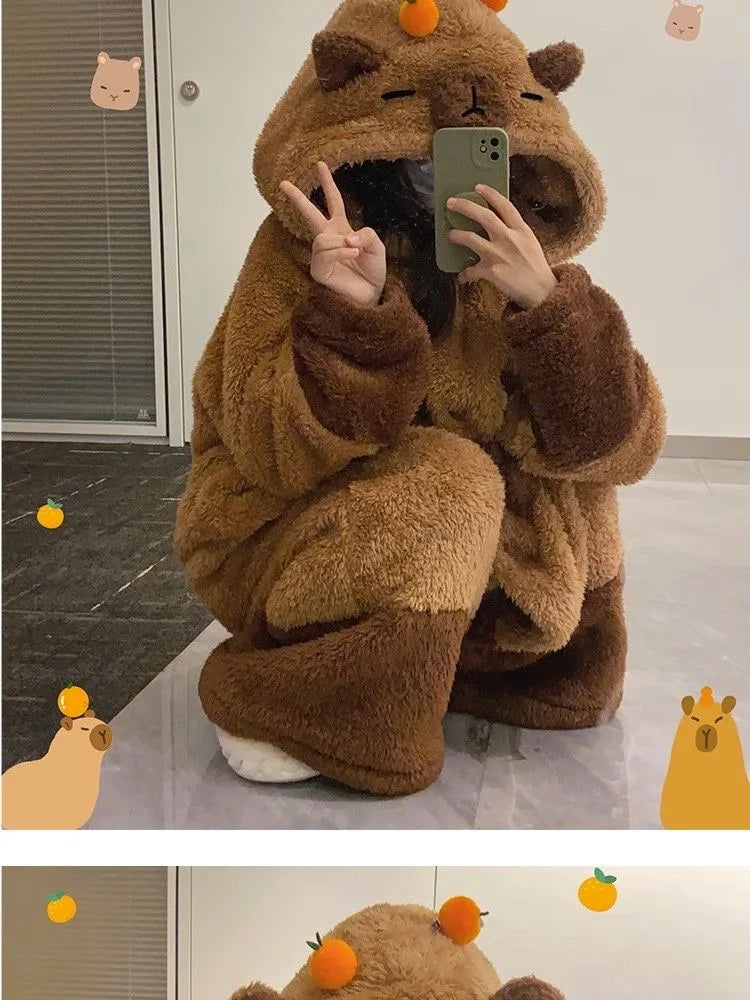 Winter Capybara Cosplay Costume - Adult Kigurumi Unicorn Onesie, Anime Nightgown, Halloween Cartoon Pajamas & Sleepwear