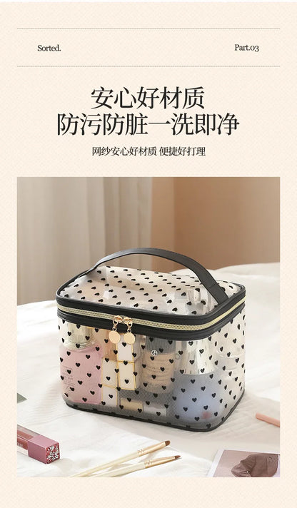 Double-Layer Black Mesh Cosmetic Bag – Large Capacity Travel Makeup Case Organizer with Zipper Toiletry Pouch