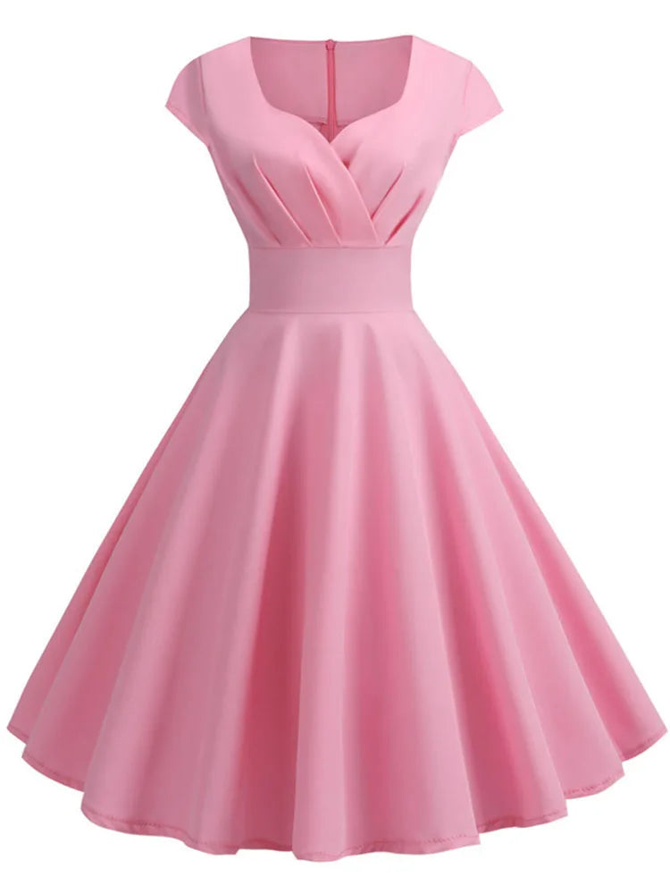 Women’s Pink Summer Dress – V-Neck Vintage Retro Midi Party & Office Dress