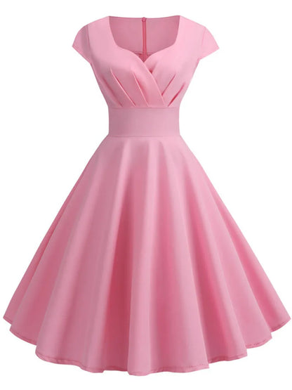 Women’s Pink Summer Dress – V-Neck Vintage Retro Midi Party & Office Dress