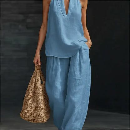 Women’s 2-Piece Summer Outfit – Halter Neck V-Neck Sleeveless Top & Loose Trousers Casual Matching Set