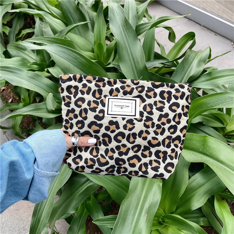 Large Leopard Print Cosmetic Bag for Women — Waterproof Canvas Makeup Organizer with Zipper, Travel Toiletry & Beauty Case