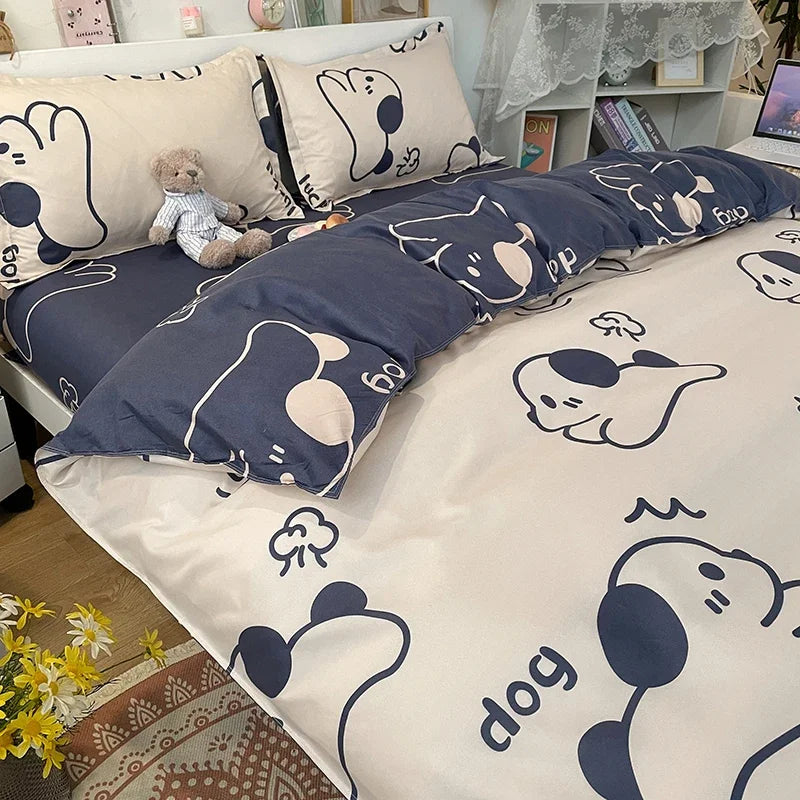 Kawaii Bear & Dog Printed Bedding Set – Floral Duvet Cover with Pillowcases, Full/Queen/King Bed Linen Quilt Sheets