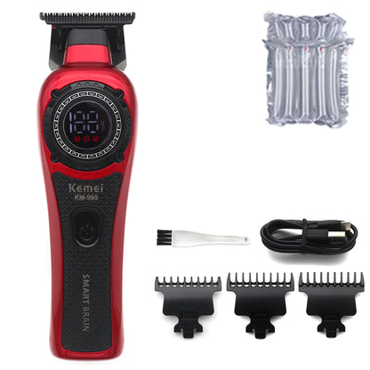 Kemei KM-999 Hair Trimmer for Men – DLC T-Blade, Zero Gapped, LED Display, Cordless USB Professional Hair Clipper
