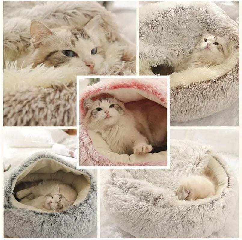 Round Soft Plush Pet Bed with Cover - 2-in-1 Cat and Dog Sleeping Nest Cave, Warm Pet Mattress for Small Dogs