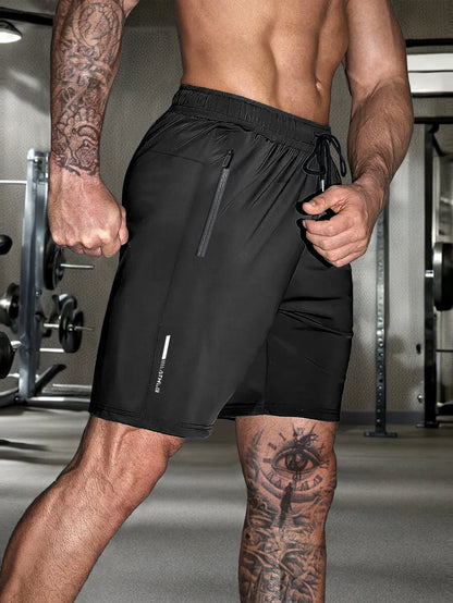 Men’s Solid Color Casual Shorts – Elastic Waist with Drawstring and Zipper Pockets, Loose Fit High Elasticity