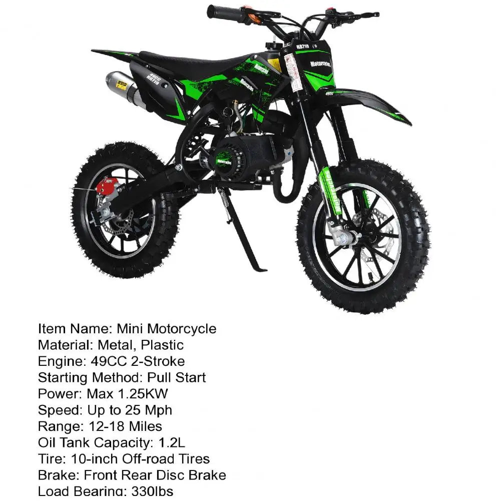 Mini 49CC Gas-Powered Kid Dirt Bike – 2-Stroke Motorcycle with Off-Road Tires, Front & Rear Disc Brakes, 25 MPH, Max Load 330 lbs