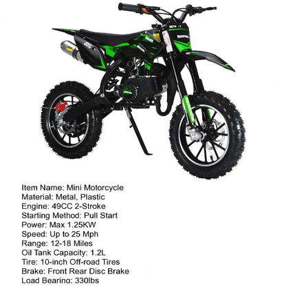 Mini 49CC Gas-Powered Kid Dirt Bike – 2-Stroke Motorcycle with Off-Road Tires, Front & Rear Disc Brakes, 25 MPH, Max Load 330 lbs