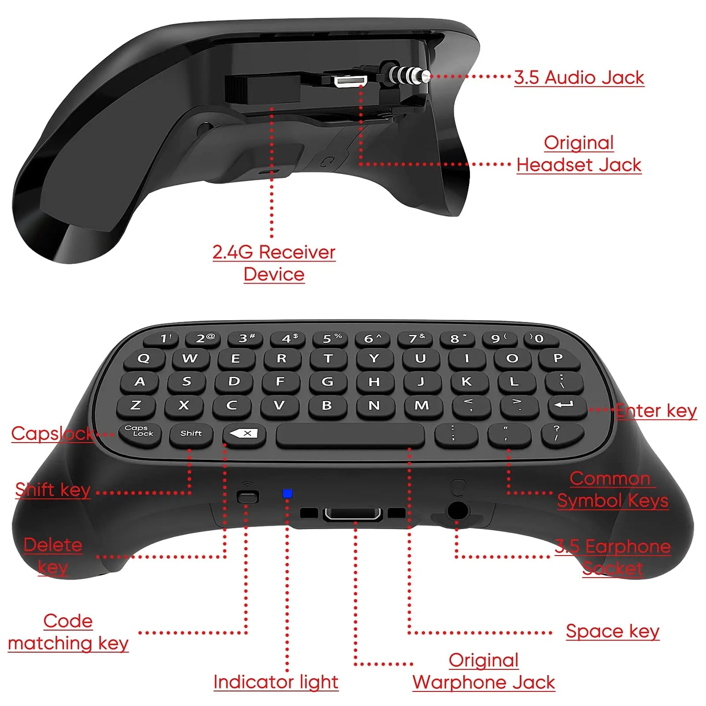 Xbox Series X/S & One Wireless Controller Keyboard — Chatpad Gaming Keypad with USB Receiver & 3.5mm Audio Jack