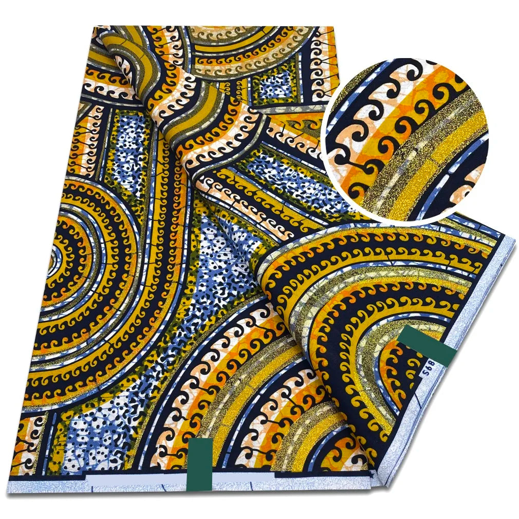 African Golden Glitter Wax Fabric - Soft Ankara Pagne Batik Gold Print Material for Women