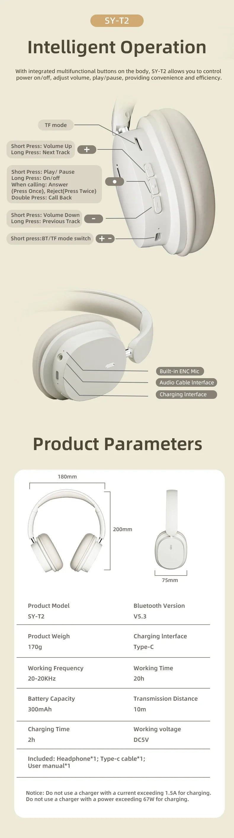 SY-T2 Bluetooth Headset – High-Quality Noise Reduction Wireless Headphones with Microphone for Gamers