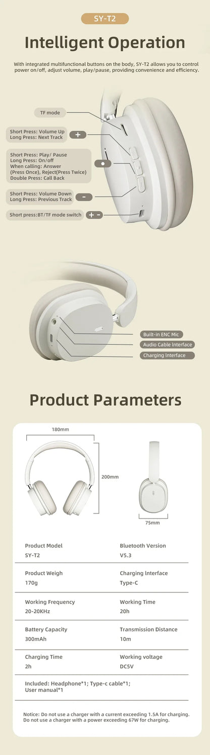 SY-T2 Bluetooth Headset – High-Quality Noise Reduction Wireless Headphones with Microphone for Gamers