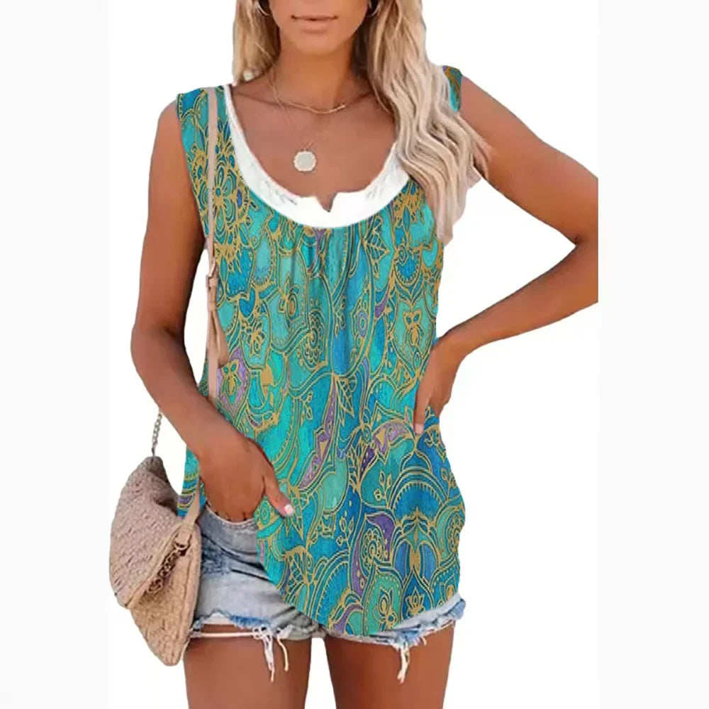 Women’s Two-Piece Look Leaf Print Tank Top - 2026 Summer Sleeveless Casual Loose Camisole with Pockets