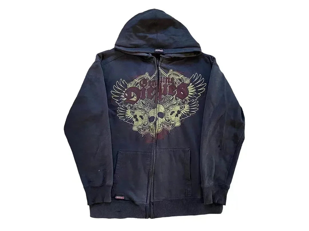 2000s Red Couple Zipper Hoodie – Vintage Y2K Skull Snake Cotton Full-Zip Sweatshirt