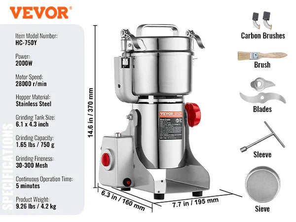 SucceBuy 150-2500g Electric Grain Mill Grinder – Commercial Spice & Herb Grinder for Coffee, Corn & Cereals