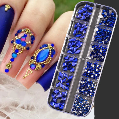 12-Grid 3D Glass AB Crystal Nail Art Rhinestones Kit – Flatback Round Beads with Tools for Nail Jewelry & Diamond Decoration