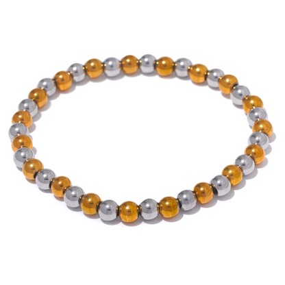 Yhpup Stainless Steel Beaded Elastic Bracelet – Waterproof Gold Tone Handmade Bangle, 3–6mm Unisex Daily Jewelry Wholesale Wristwear