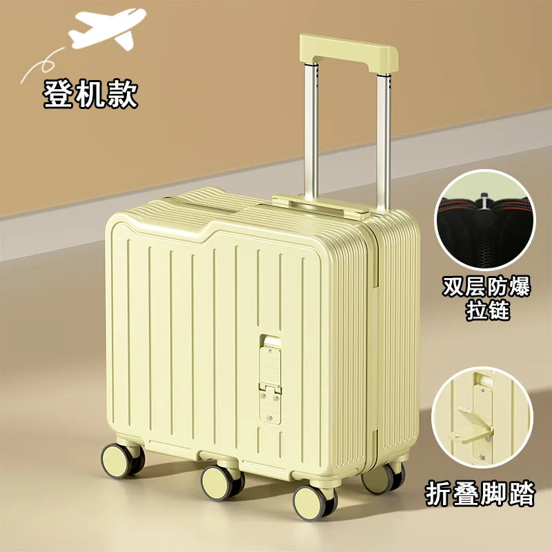 2024 Kids 20-Inch Travel Suitcase – Mini Luggage with Six Wheels, Sitting & Riding Feature, Folding Foot Pedal