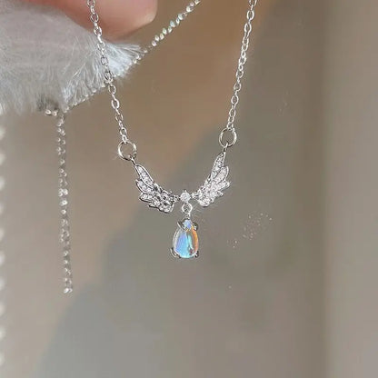 Light Luxury Angel Wings Necklace – Moonstone Pendant Collarbone Jewelry for Women