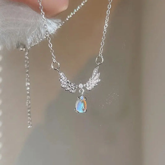 Light Luxury Angel Wings Necklace – Moonstone Pendant Collarbone Jewelry for Women
