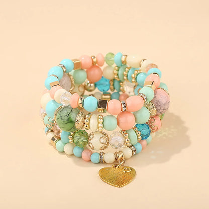 Bohemian Acrylic Beaded Bracelet Set – Solid Heart Charm Elastic Bangles for Women & Men, Retro Daily Wear Jewelry Gift