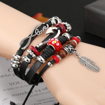 Vintage Gothic Punk Moon & Star Metal Bracelet - Multilayer Leather Bangle for Men, Leaf & Sun Arm Jewelry