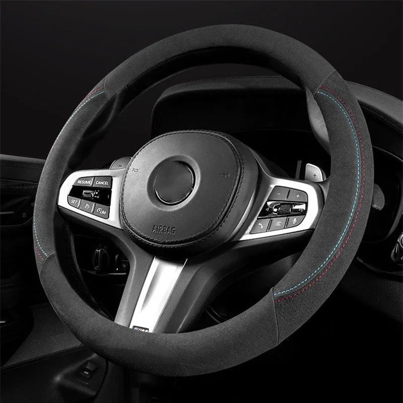 Universal Cowhide Suede Steering Wheel Cover — Breathable 37-38cm Car Steering Wheel Wrap Accessories