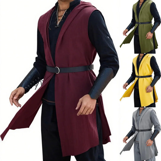 Runcati Men’s Renaissance Costume – Hooded Medieval Knight Surcoat Sleeveless Tunic Tabard for Halloween & Viking Dress-Up