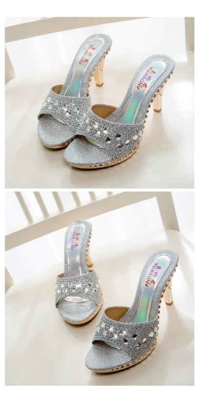 Women’s Summer Rhinestone High Heel Sandals – Sexy Gold & Silver Heeled Shoes